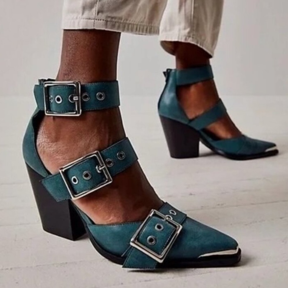 Free People X Jeffrey Campbell Hendrix Heels Buckles Leather US 8 Green Blue